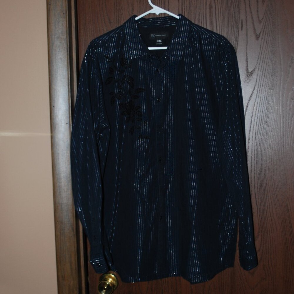 Navy Button-up Shirt with Silver Threading and Black Embroidery - XXL